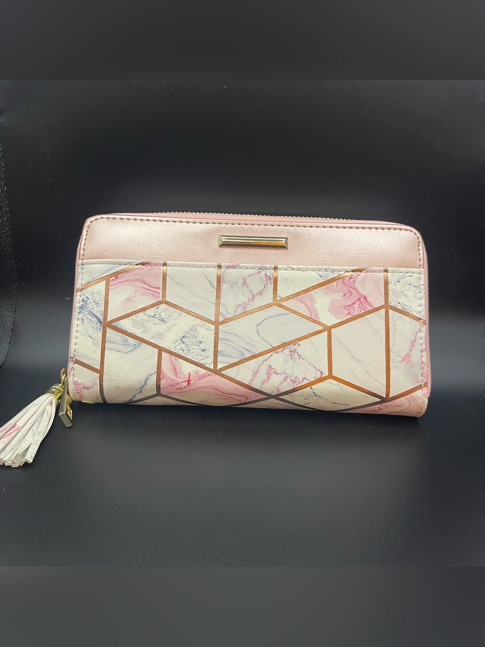 NWOT Coco Rossi Pink & Gold Geometric Marble Zip Around Clutch Wallet 7.5w x 4”H